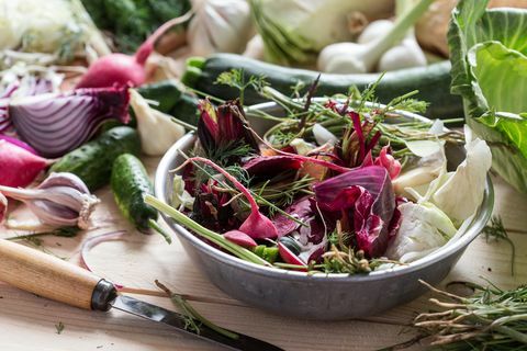 priprema veganskog obroka, neurednih ostataka kuhinjskog povrća u seoskim zdjelama, otpad hrane spreman za kompostiranje