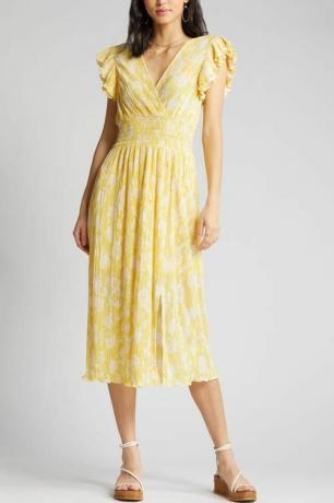 Plisé midi haljina s lepršavim rukavima u žutoj citron boji