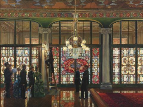 veliko osvjetljenje Petera Waddella, ulje na platnu 1891. godine na kojem je vitrina Louisa Comfort Tiffanyja u ulaznom hodniku bijele kuće