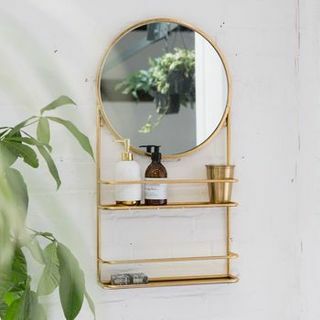 Zlatno ili srebrno kružno ogledalo za kupaonicu s policama