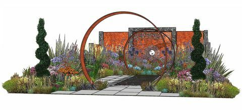 vrt Sunburst, izložbeni vrt, dizajniran od strane Charlieja Blooma i Simona Webstera, festival vrtova palače rhs Hampton Court 2022.
