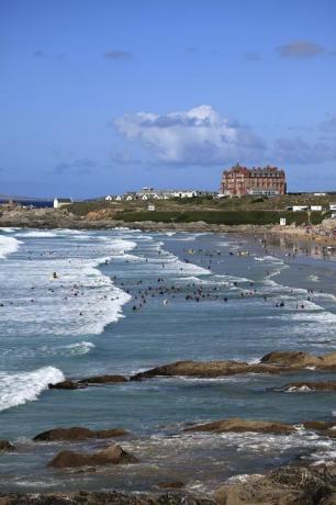 fistral surfing beach, newquay town cornwall county england uk