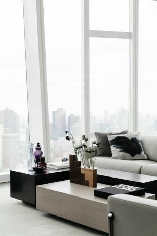 dnevni boravak, drvena umjetnost, sivi kauč, grad New York, veliki prozori