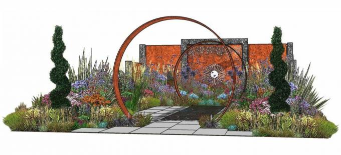 Sunburst vrt, izložbeni vrt, dizajnirali Charlie Bloom i Simon Webster, rhs Hampton Court Palace Garden Festival 2022.